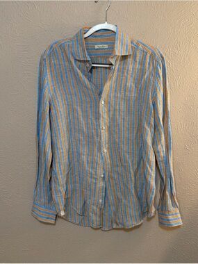 Blue and Tan Stripe Linen Button-Up Shirt